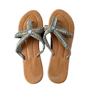 CHICO'S Starfish Embellished Beaded Thong Sandals Sz 8 Coastal Beach Summer Sea